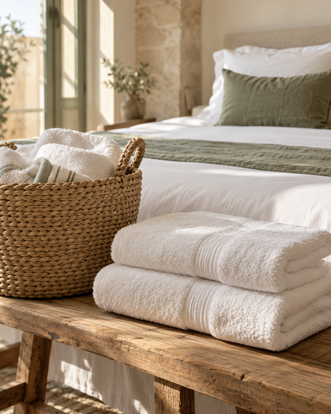 Linge blanc soigneusement préparé dans une chambre lumineuse