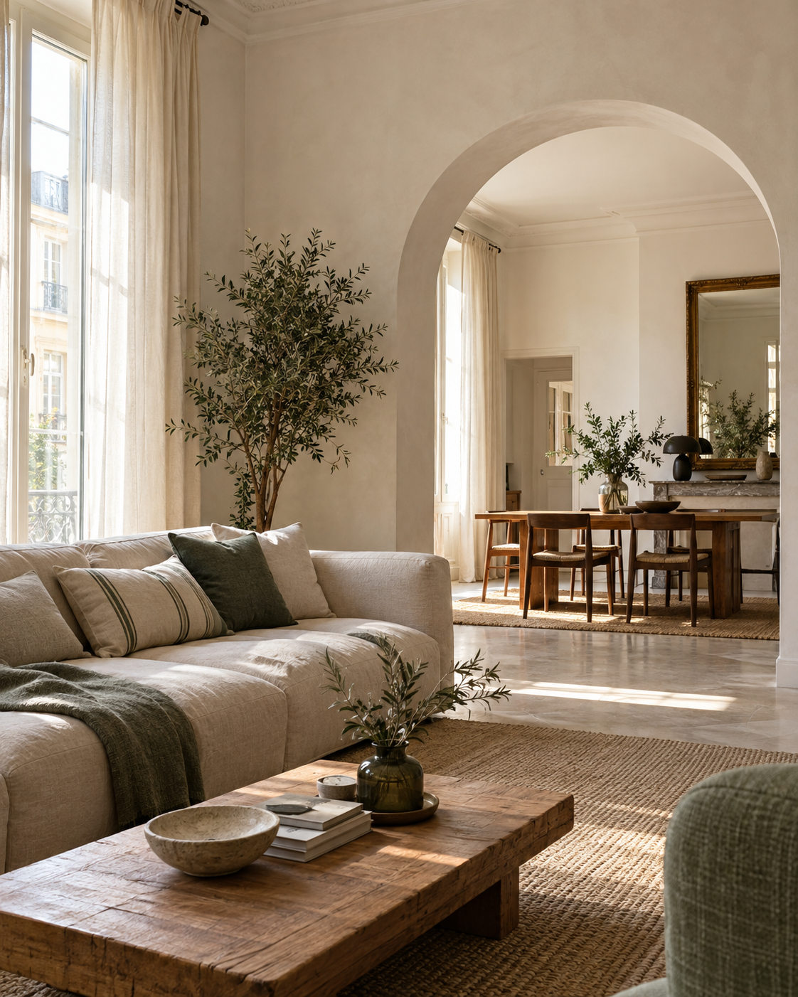 Salon lumineux aux matières naturelles et aux touches vert sauge